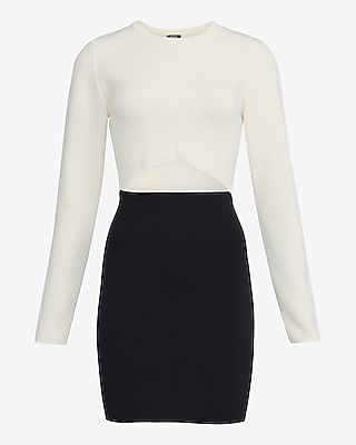 Color Block Crew Neck Long Sleeve Cutout Mini Sweater Dress