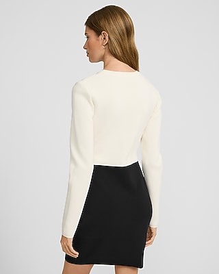Color Block Crew Neck Long Sleeve Cutout Mini Sweater Dress