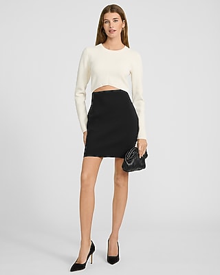 Color Block Crew Neck Long Sleeve Cutout Mini Sweater Dress