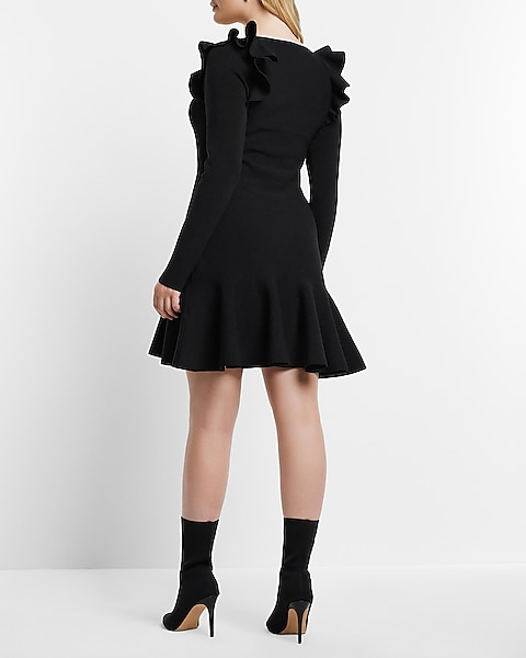 ruffle sweater dress ASTR the Label | Carlene Ribbed Mini in Black The ribbed ruflle accents give this such a fun and unique look Sweetheart Neck Ruffle Fit And
