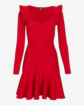 Sweetheart Neck Ruffle Fit and Flare Sweater Dress