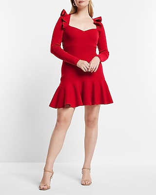 Sweetheart Neck Ruffle Fit and Flare Sweater Dress