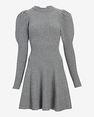 Crew Neck Puff Sleeve Satin Tie Back Sweater Dress
