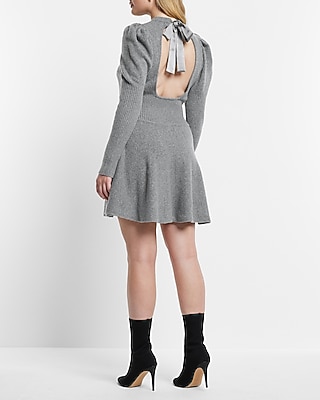Crew Neck Puff Sleeve Satin Tie Back Sweater Dress