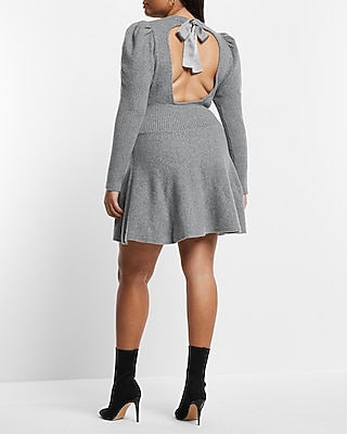 Crew Neck Puff Sleeve Satin Tie Back Sweater Dress