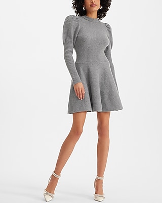 Crew Neck Puff Sleeve Satin Tie Back Sweater Dress