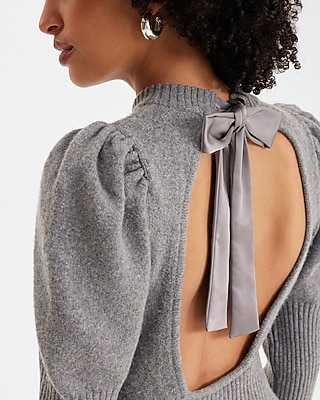 Crew Neck Puff Sleeve Satin Tie Back Sweater Dress