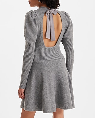 Crew Neck Puff Sleeve Satin Tie Back Sweater Dress