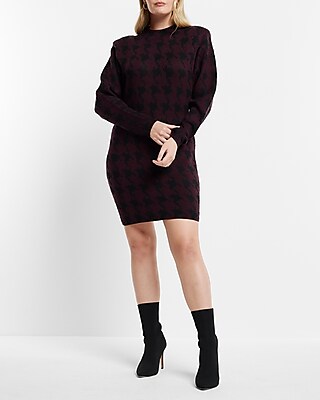 Houndstooth Mock Neck Padded Shoulder Sweater Dress