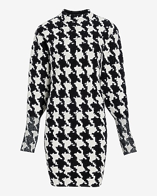 LONG SLV MOCK NECK STRONG SHOULDER HOUNDSTOOTH SWEATER SHEATH - 9417616:PRINT-WHITE:XL PETITE