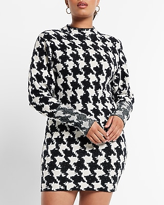 LONG SLV MOCK NECK STRONG SHOULDER HOUNDSTOOTH SWEATER SHEATH - 9417616:PRINT-WHITE:XL PETITE