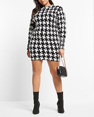 LONG SLV MOCK NECK STRONG SHOULDER HOUNDSTOOTH SWEATER SHEATH - 9417616:PRINT-WHITE:XL PETITE