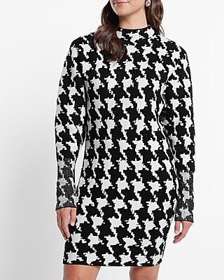 LONG SLV MOCK NECK STRONG SHOULDER HOUNDSTOOTH SWEATER SHEATH - 9417616:PRINT-WHITE:XL PETITE