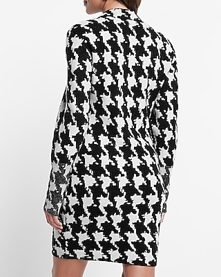 LONG SLV MOCK NECK STRONG SHOULDER HOUNDSTOOTH SWEATER SHEATH - 9417616:PRINT-WHITE:XL PETITE
