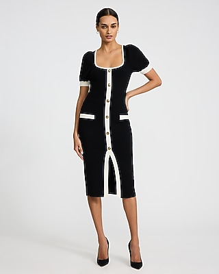 Tipped Short Sleeve Novelty Button Midi Sweater Dress