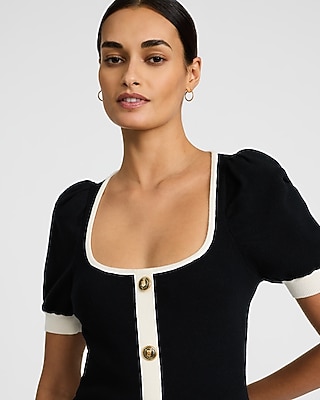 Tipped Short Sleeve Novelty Button Midi Sweater Dress