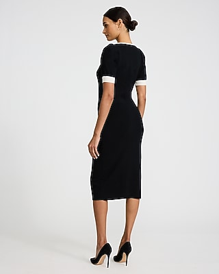 Tipped Short Sleeve Novelty Button Midi Sweater Dress