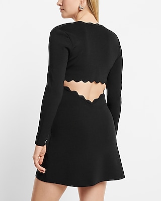 Square Neck Open Back Scalloped Mini Sweater Dress