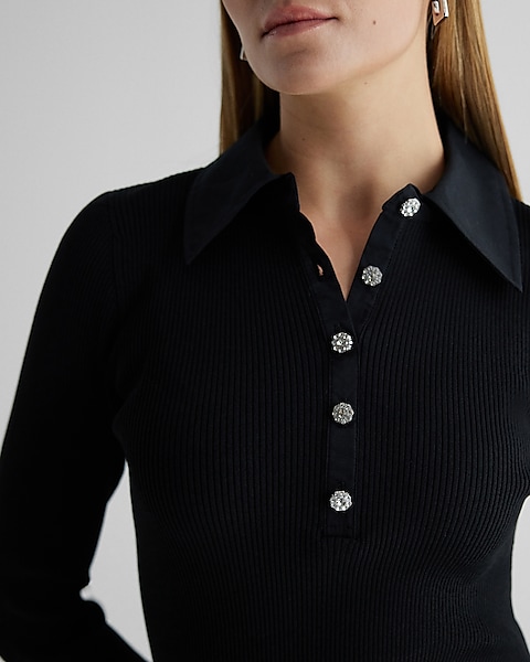 Embellished Button Long Sleeve Mini Sweater Dress | Express
