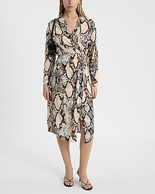 Snake Print Long Sleeve Surplice Midi Dress