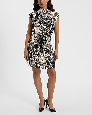 Paisley Mock Neck Smocked Waist Mini Dress