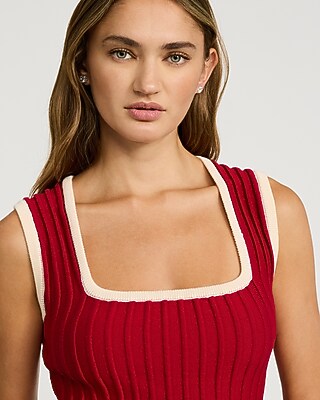 Ribbed Tipped Square Neck Sleeveless Mini Sweater Dress Express