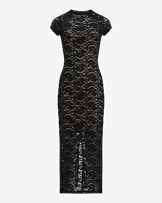 Lace Crew Neck Cap Sleeve Sheer Hem Maxi Dress