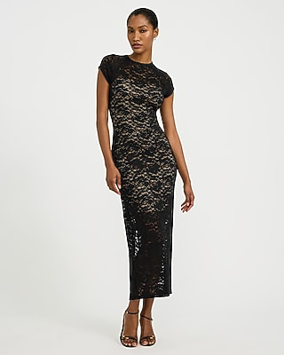 Lace Crew Neck Cap Sleeve Sheer Hem Maxi Dress