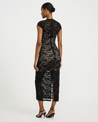 Lace Crew Neck Cap Sleeve Sheer Hem Maxi Dress