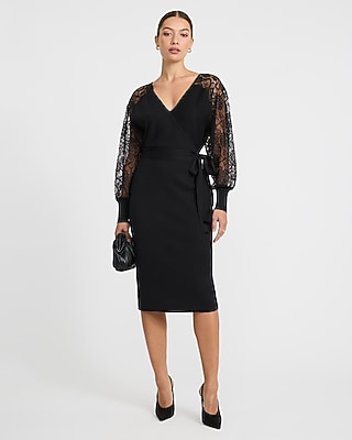 Lace Pieced V-Neck Surplice Tie Waist Midi Sweater Dress