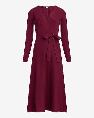 Ribbed V-Neck Tie Waist Surplice Midi Sweater Dress