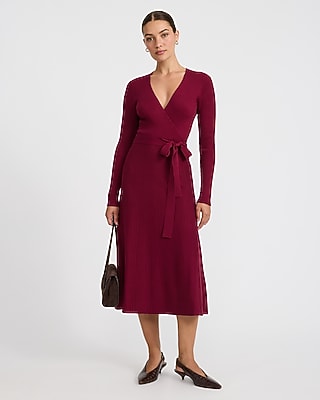 Ribbed V-Neck Tie Waist Surplice Midi Sweater Dress