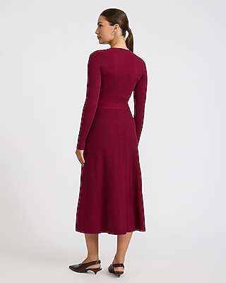 Ribbed V-Neck Tie Waist Surplice Midi Sweater Dress