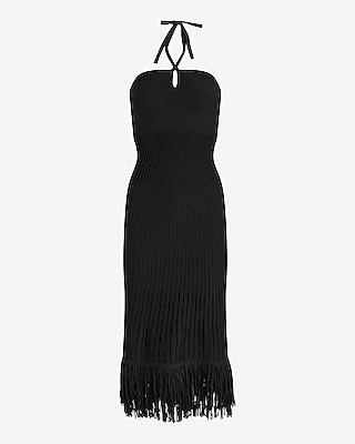 Ribbed Halter Sleeveless Fringe Midi Sweater Dress