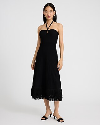 Ribbed Halter Sleeveless Fringe Midi Sweater Dress