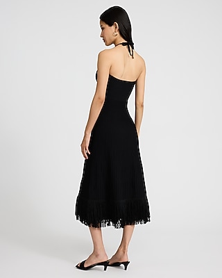 Ribbed Halter Sleeveless Fringe Midi Sweater Dress