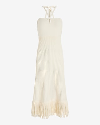 Ribbed Halter Sleeveless Fringe Midi Sweater Dress