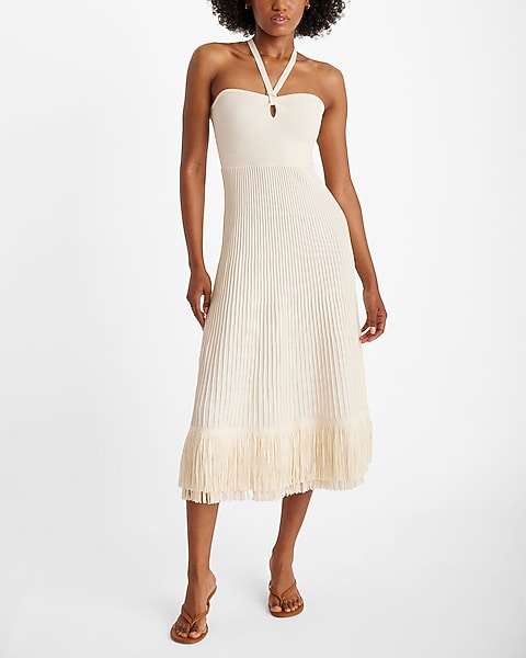 halter sweater dress with Fringe exclusive of trims Promesa - Tropical Jacquard-Knit Mini