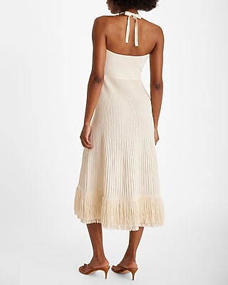 Ribbed Halter Sleeveless Fringe Midi Sweater Dress