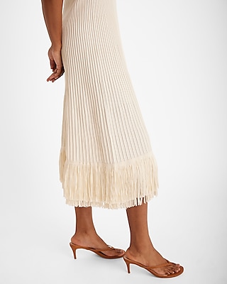 Ribbed Halter Sleeveless Fringe Midi Sweater Dress