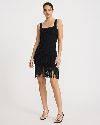 Cotton Square Neck Sleeveless Fringe Mini Sweater Dress