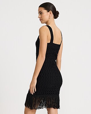 Cotton Square Neck Sleeveless Fringe Mini Sweater Dress