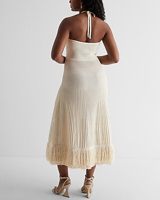 Ribbed Halter Neck Fringe Midi Sweater Dress | Express