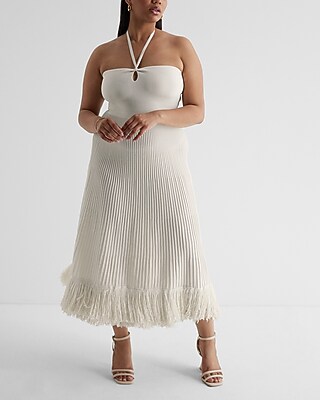 Ribbed Halter Neck Fringe Midi Sweater Dress | Express