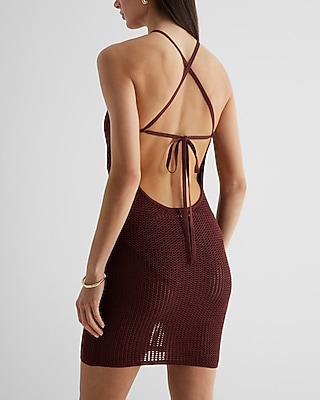 High Neck Open Back Sweater Dress Cover Up