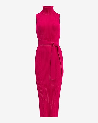 Turtleneck Sleeveless Tie Waist Maxi Sweater Dress