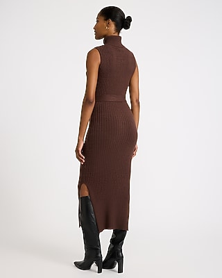 Turtleneck Sleeveless Tie Waist Maxi Sweater Dress - thumbnail 3