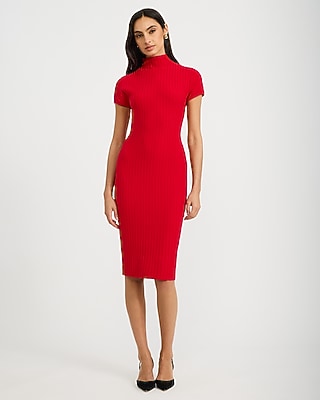 Ribbed Mock Neck Short Sleeve Midi Sweater Dress