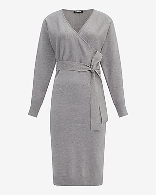 V-neck Long Sleeve Belted Wrap Midi Sweater Dress | Express