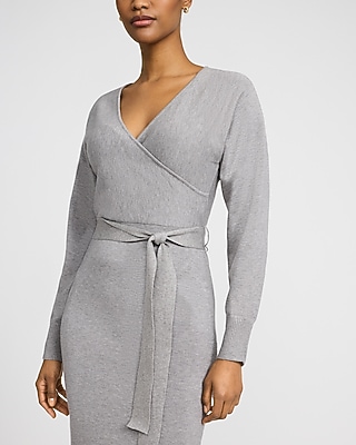 V-Neck Long Sleeve Belted Wrap Midi Sweater Dress